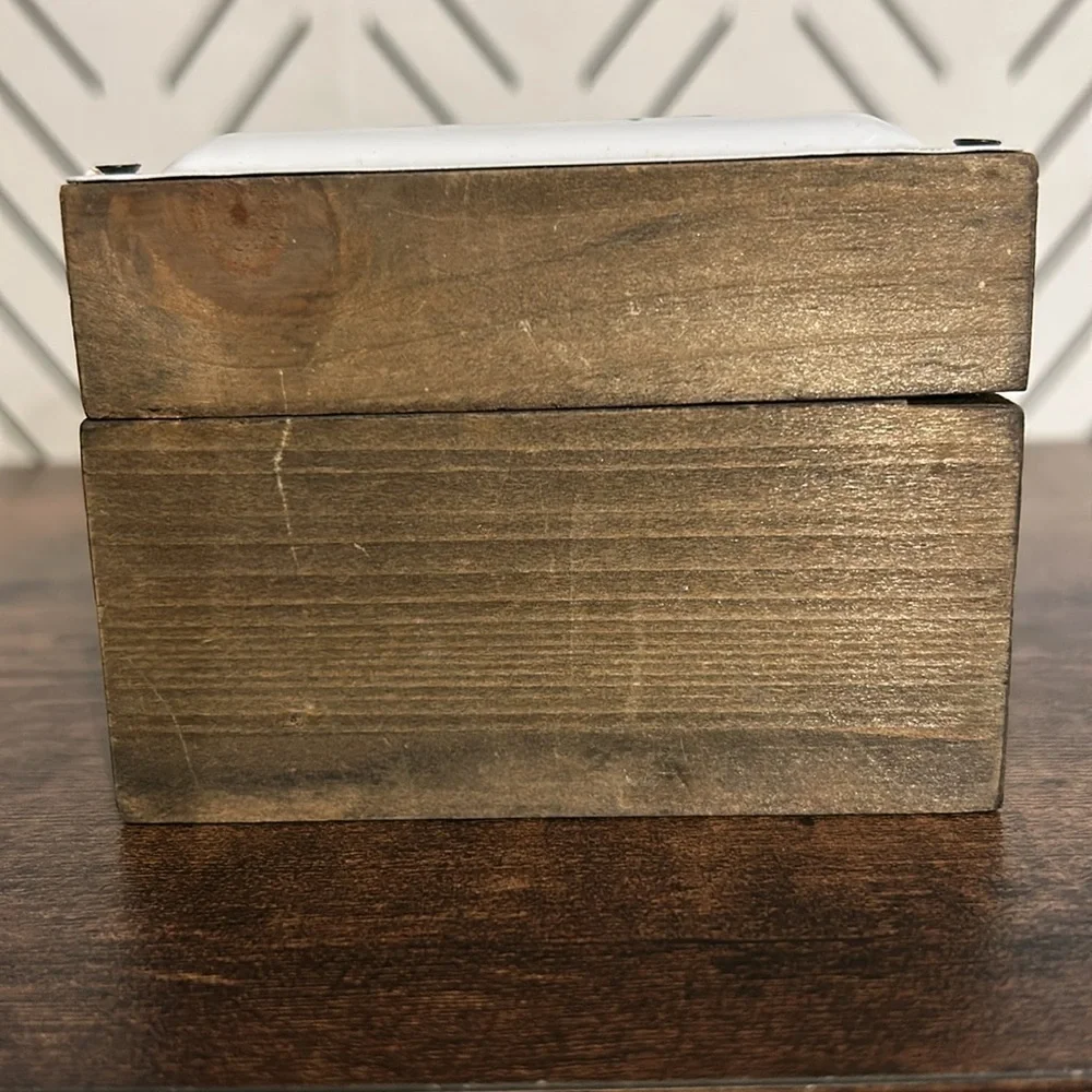 Wooden Trinket Jewelry Storage Box Floral Enamel Tin Top Metal Clasp Closure